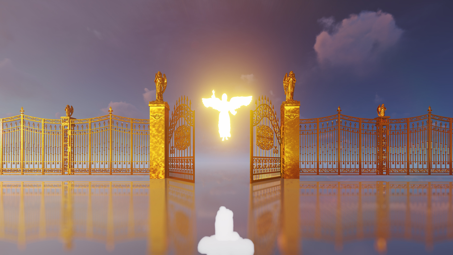 Golden gates of heaven opening to reveal glowing angel and flying white doves